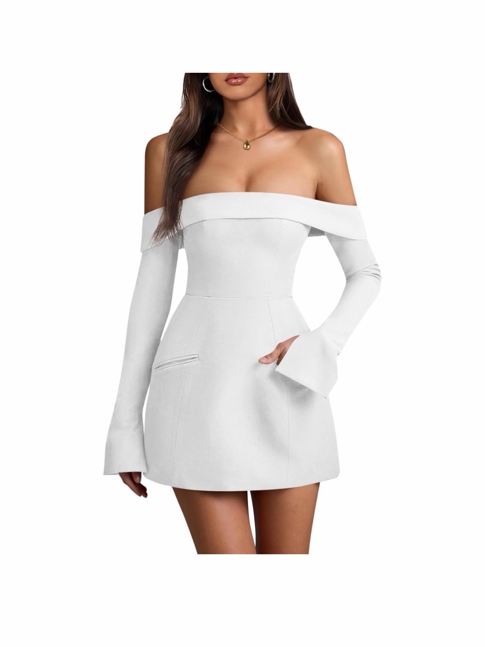 Off-Shoulder White Mini Dress with Flared Sleeves